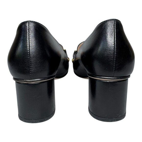 Gucci Sylvie Black Leather Chain Web Stripe Block Heel Pumps Shoes 38.5 US 8.5 - Picture 7 of 15